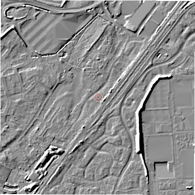 Shaded relief map of the ground around DE143NQ, computed from Environment Agency LiDAR. The ground here sits at about 47 m above sea level and falls 10 m across the surrounding 800 m. Surface water reaching this point runs off ground lying to the east-north-east, 2.3 m higher.