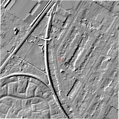 Shaded relief map of the ground around DE143NR, computed from Environment Agency LiDAR. The ground here sits at about 47 m above sea level and falls 6 m across the surrounding 800 m. The ground contributing surface water to this point lies to the south.