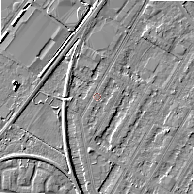 Shaded relief map of the ground around DE143NS, computed from Environment Agency LiDAR. The ground here sits at about 46 m above sea level and falls 6 m across the surrounding 800 m. Surface water reaching this point runs off ground lying to the west, 1.7 m higher.