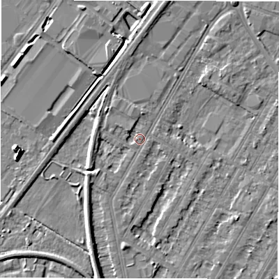 Shaded relief map of the ground around DE143NT, computed from Environment Agency LiDAR. The ground here sits at about 46 m above sea level and falls 7 m across the surrounding 800 m. Surface water reaching this point runs off ground lying to the south-west, 2.8 m higher.