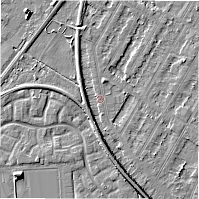 Shaded relief map of the ground around DE143NW, computed from Environment Agency LiDAR. The ground here sits at about 47 m above sea level and falls 6 m across the surrounding 800 m. Surface water reaching this point runs off ground lying to the south-south-east, 5.3 m higher.