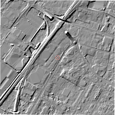 Shaded relief map of the ground around DE143NX, computed from Environment Agency LiDAR. The ground here sits at about 46 m above sea level and falls 8 m across the surrounding 800 m. Surface water reaching this point runs off ground lying to the north-north-east, 5.1 m higher.