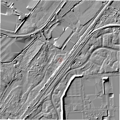 Shaded relief map of the ground around DE143NY, computed from Environment Agency LiDAR. The ground here sits at about 46 m above sea level and falls 10 m across the surrounding 800 m. Surface water reaching this point runs off ground lying to the south-south-west, 2.6 m higher.