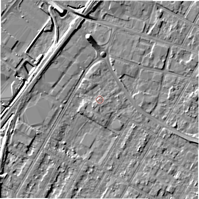 Shaded relief map of the ground around DE143NZ, computed from Environment Agency LiDAR. The ground here sits at about 47 m above sea level and falls 8 m across the surrounding 800 m. Surface water reaching this point runs off ground lying to the south-south-east, 0.8 m higher.