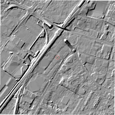 Shaded relief map of the ground around DE143PA, computed from Environment Agency LiDAR. The ground here sits at about 46 m above sea level and falls 8 m across the surrounding 800 m. Surface water reaching this point runs off ground lying to the north, 2.8 m higher.