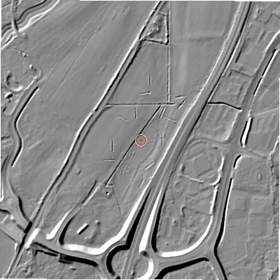 Shaded relief map of the ground around DE143PD, computed from Environment Agency LiDAR. The ground here sits at about 46 m above sea level and falls 10 m across the surrounding 800 m. Surface water reaching this point runs off ground lying to the south-south-west, 10.3 m higher.