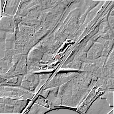 Shaded relief map of the ground around DE143PE, computed from Environment Agency LiDAR. The ground here sits at about 48 m above sea level and falls 9 m across the surrounding 800 m. Surface water reaching this point runs off ground lying to the south-south-west, 6.6 m higher.