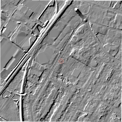 Shaded relief map of the ground around DE143PF, computed from Environment Agency LiDAR. The ground here sits at about 46 m above sea level and falls 7 m across the surrounding 800 m. Surface water reaching this point runs off ground lying to the south-west, 2.8 m higher.