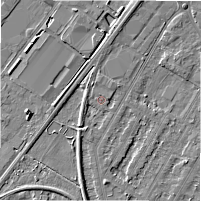 Shaded relief map of the ground around DE143PG, computed from Environment Agency LiDAR. The ground here sits at about 47 m above sea level and falls 7 m across the surrounding 800 m. Surface water reaching this point runs off ground lying to the north-north-east, 1.0 m higher.