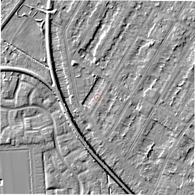 Shaded relief map of the ground around DE143PH, computed from Environment Agency LiDAR. The ground here sits at about 46 m above sea level and falls 6 m across the surrounding 800 m. Surface water reaching this point runs off ground lying to the south-west, 1.5 m higher.