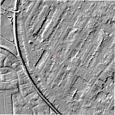 Shaded relief map of the ground around DE143PJ, computed from Environment Agency LiDAR. The ground here sits at about 46 m above sea level and falls 6 m across the surrounding 800 m. Surface water reaching this point runs off ground lying to the south-south-west, 1.2 m higher.