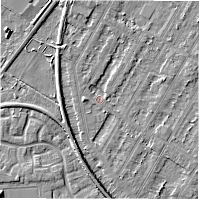 Shaded relief map of the ground around DE143PL, computed from Environment Agency LiDAR. The ground here sits at about 46 m above sea level and falls 7 m across the surrounding 800 m. Surface water reaching this point runs off ground lying to the south-west, 1.7 m higher.
