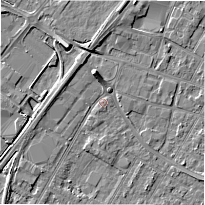 Shaded relief map of the ground around DE143PP, computed from Environment Agency LiDAR. The ground here sits at about 46 m above sea level and falls 8 m across the surrounding 800 m. Surface water reaching this point runs off ground lying to the north-north-west, 5.1 m higher.