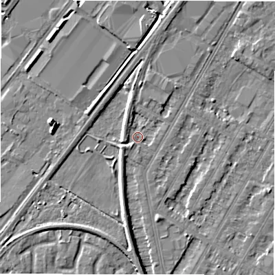 Shaded relief map of the ground around DE143PQ, computed from Environment Agency LiDAR. The ground here sits at about 46 m above sea level and falls 7 m across the surrounding 800 m. Surface water reaching this point runs off ground lying to the south, 4.4 m higher.