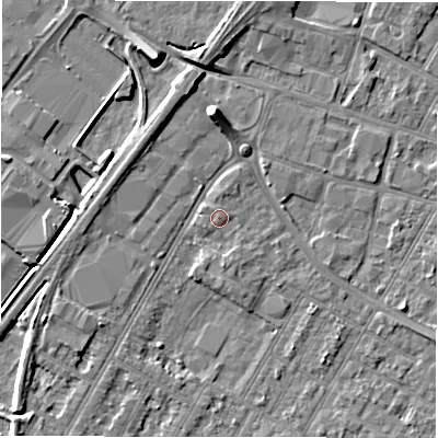 Shaded relief map of the ground around DE143PR, computed from Environment Agency LiDAR. The ground here sits at about 46 m above sea level and falls 8 m across the surrounding 800 m. Surface water reaching this point runs off ground lying to the south-south-east, 1.0 m higher.