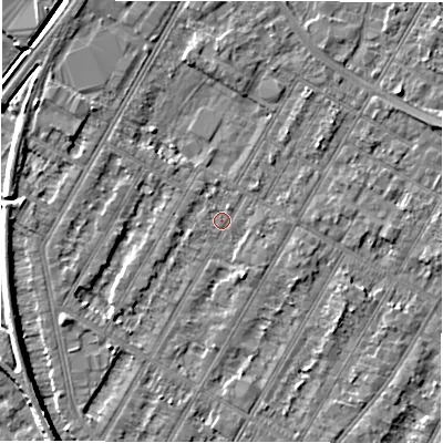 Shaded relief map of the ground around DE143PS, computed from Environment Agency LiDAR. The ground here sits at about 46 m above sea level and falls 5 m across the surrounding 800 m. Surface water reaching this point runs off ground lying to the west-south-west, 2.6 m higher.