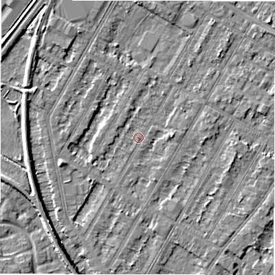 Shaded relief map of the ground around DE143PT, computed from Environment Agency LiDAR. The ground here sits at about 46 m above sea level and falls 6 m across the surrounding 800 m. Surface water reaching this point runs off ground lying to the west-south-west, 2.4 m higher.