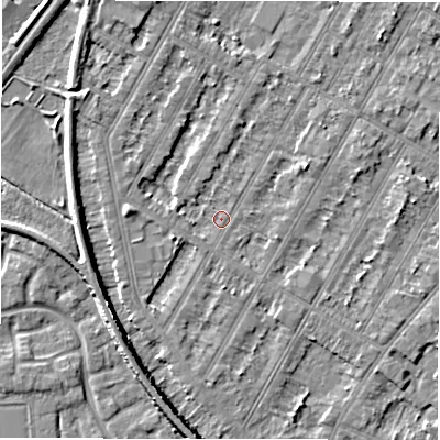 Shaded relief map of the ground around DE143PU, computed from Environment Agency LiDAR. The ground here sits at about 46 m above sea level and falls 6 m across the surrounding 800 m. Surface water reaching this point runs off ground lying to the south, 1.6 m higher.