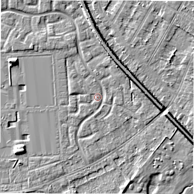 Shaded relief map of the ground around DE143PW, computed from Environment Agency LiDAR. The ground here sits at about 46 m above sea level and falls 8 m across the surrounding 800 m. Surface water reaching this point runs off ground lying to the south-west, 1.4 m higher.