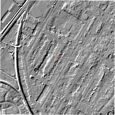 Shaded relief map of the ground around DE143PX, computed from Environment Agency LiDAR. The ground here sits at about 46 m above sea level and falls 5 m across the surrounding 800 m. Surface water reaching this point runs off ground lying to the south-west, 2.4 m higher.