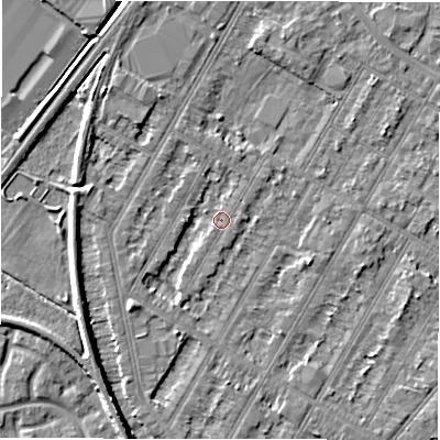 Shaded relief map of the ground around DE143PY, computed from Environment Agency LiDAR. The ground here sits at about 46 m above sea level and falls 5 m across the surrounding 800 m. Surface water reaching this point runs off ground lying to the south-west, 2.8 m higher.