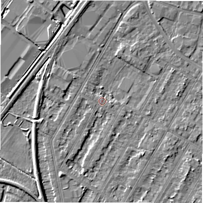 Shaded relief map of the ground around DE143PZ, computed from Environment Agency LiDAR. The ground here sits at about 46 m above sea level and falls 5 m across the surrounding 800 m. Surface water reaching this point runs off ground lying to the south-west, 1.3 m higher.