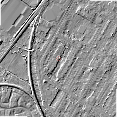 Shaded relief map of the ground around DE143QA, computed from Environment Agency LiDAR. The ground here sits at about 47 m above sea level and falls 5 m across the surrounding 800 m. Surface water reaching this point runs off ground lying to the south-south-west, 2.9 m higher.