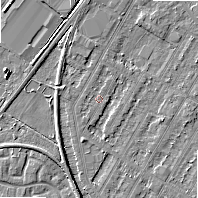 Shaded relief map of the ground around DE143QB, computed from Environment Agency LiDAR. The ground here sits at about 46 m above sea level and falls 6 m across the surrounding 800 m. Surface water reaching this point runs off ground lying to the south-south-west, 1.0 m higher.