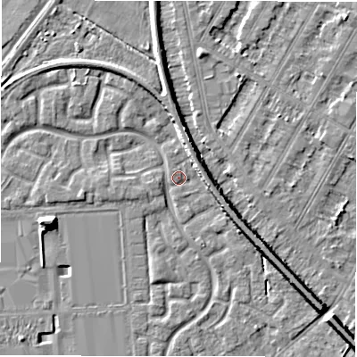 Shaded relief map of the ground around DE143QF, computed from Environment Agency LiDAR. The ground here sits at about 46 m above sea level and falls 7 m across the surrounding 800 m. Surface water reaching this point runs off ground lying to the south-east, 6.6 m higher.