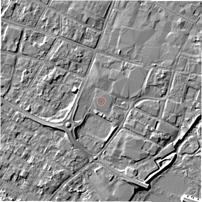 Shaded relief map of the ground around DE143QJ, computed from Environment Agency LiDAR. The ground here sits at about 46 m above sea level and falls 8 m across the surrounding 800 m. The ground contributing surface water to this point lies to the north-west.