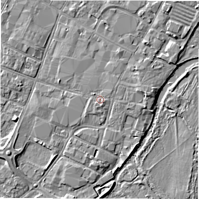 Shaded relief map of the ground around DE143QN, computed from Environment Agency LiDAR. The ground here sits at about 46 m above sea level and falls 8 m across the surrounding 800 m. Surface water reaching this point runs off ground lying to the south, 0.7 m higher.