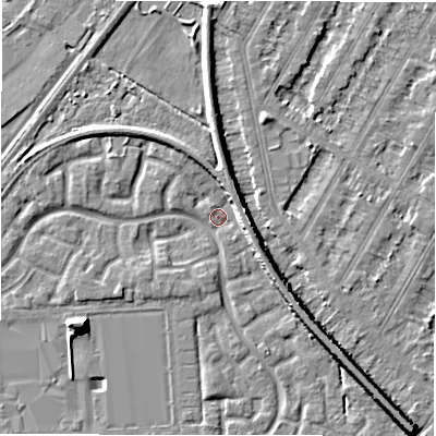 Shaded relief map of the ground around DE143QQ, computed from Environment Agency LiDAR. The ground here sits at about 46 m above sea level and falls 7 m across the surrounding 800 m. Surface water reaching this point runs off ground lying to the south-west, 1.9 m higher.