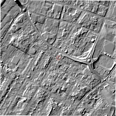 Shaded relief map of the ground around DE143QT, computed from Environment Agency LiDAR. The ground here sits at about 46 m above sea level and falls 6 m across the surrounding 800 m. Surface water reaching this point runs off ground lying to the east, 2.9 m higher.