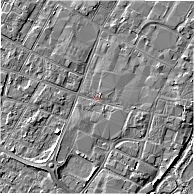 Shaded relief map of the ground around DE143QW, computed from Environment Agency LiDAR. The ground here sits at about 46 m above sea level and falls 8 m across the surrounding 800 m. Surface water reaching this point runs off ground lying to the east-south-east, 1.8 m higher.