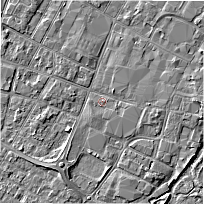 Shaded relief map of the ground around DE143QX, computed from Environment Agency LiDAR. The ground here sits at about 46 m above sea level and falls 8 m across the surrounding 800 m. Surface water reaching this point runs off ground lying to the east-south-east, 1.7 m higher.