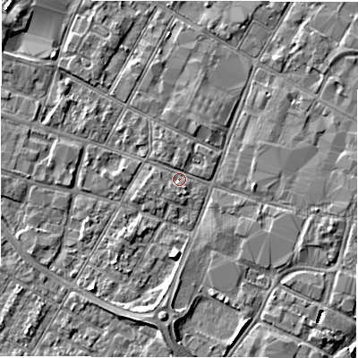 Shaded relief map of the ground around DE143QY, computed from Environment Agency LiDAR. The ground here sits at about 46 m above sea level and falls 8 m across the surrounding 800 m. Surface water reaching this point runs off ground lying to the north, 0.8 m higher.
