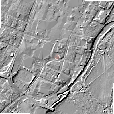 Shaded relief map of the ground around DE143QZ, computed from Environment Agency LiDAR. The ground here sits at about 46 m above sea level and falls 8 m across the surrounding 800 m. Surface water reaching this point runs off ground lying to the north-north-east, 1.5 m higher.