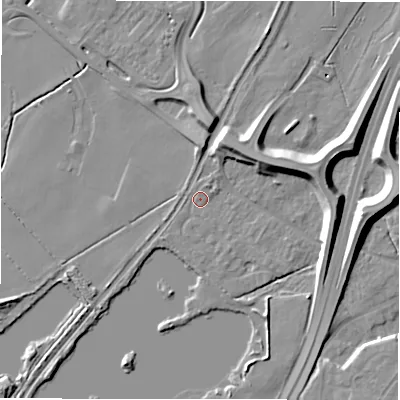 Shaded relief map of the ground around DE143RA, computed from Environment Agency LiDAR. The ground here sits at about 48 m above sea level and falls 11 m across the surrounding 800 m. Surface water reaching this point runs off ground lying to the south-west, 1.1 m higher.