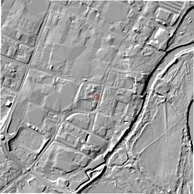 Shaded relief map of the ground around DE143RD, computed from Environment Agency LiDAR. The ground here sits at about 46 m above sea level and falls 8 m across the surrounding 800 m. Surface water reaching this point runs off ground lying to the north-west, 1.1 m higher.