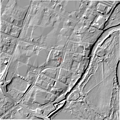 Shaded relief map of the ground around DE143RE, computed from Environment Agency LiDAR. The ground here sits at about 46 m above sea level and falls 8 m across the surrounding 800 m. Surface water reaching this point runs off ground lying to the north-north-west, 1.2 m higher.