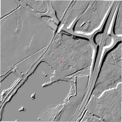 Shaded relief map of the ground around DE143RF, computed from Environment Agency LiDAR. The ground here sits at about 48 m above sea level and falls 11 m across the surrounding 800 m. Surface water reaching this point runs off ground lying to the south-south-west, 0.8 m higher.