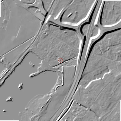 Shaded relief map of the ground around DE143RG, computed from Environment Agency LiDAR. The ground here sits at about 48 m above sea level and falls 10 m across the surrounding 800 m. Surface water reaching this point runs off ground lying to the west-south-west, 1.9 m higher.