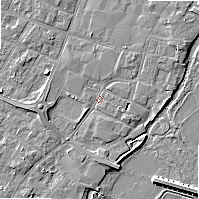 Shaded relief map of the ground around DE143RH, computed from Environment Agency LiDAR. The ground here sits at about 46 m above sea level and falls 9 m across the surrounding 800 m. Surface water reaching this point runs off ground lying to the west, 7.5 m higher.