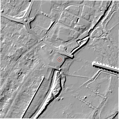 Shaded relief map of the ground around DE143RJ, computed from Environment Agency LiDAR. The ground here sits at about 47 m above sea level and falls 9 m across the surrounding 800 m. Surface water reaching this point runs off ground lying to the north-east, 1.4 m higher.
