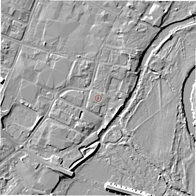 Shaded relief map of the ground around DE143RL, computed from Environment Agency LiDAR. The ground here sits at about 46 m above sea level and falls 9 m across the surrounding 800 m. The ground contributing surface water to this point lies to the south.