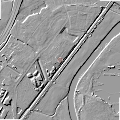 Shaded relief map of the ground around DE143RQ, computed from Environment Agency LiDAR. The ground here sits at about 49 m above sea level and falls 10 m across the surrounding 800 m. Surface water reaching this point runs off ground lying to the south-west, 6.5 m higher.