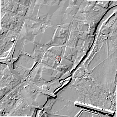 Shaded relief map of the ground around DE143RS, computed from Environment Agency LiDAR. The ground here sits at about 46 m above sea level and falls 9 m across the surrounding 800 m. Surface water reaching this point runs off ground lying to the south-south-east, 5.4 m higher.