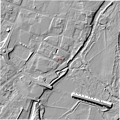 Shaded relief map of the ground around DE143RT, computed from Environment Agency LiDAR. The ground here sits at about 46 m above sea level and falls 9 m across the surrounding 800 m. Surface water reaching this point runs off ground lying to the west, 7.5 m higher.