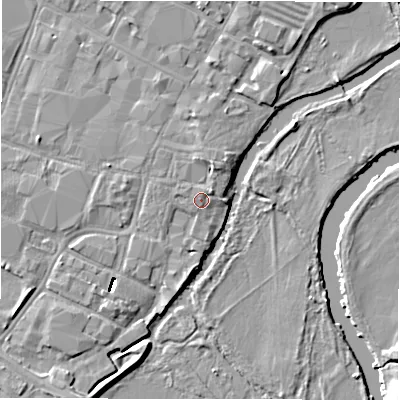 Shaded relief map of the ground around DE143RW, computed from Environment Agency LiDAR. The ground here sits at about 47 m above sea level and falls 9 m across the surrounding 800 m. Surface water reaching this point runs off ground lying to the north-north-east, 1.9 m higher.