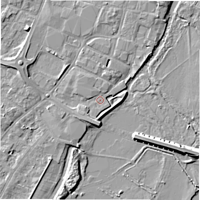 Shaded relief map of the ground around DE143RX, computed from Environment Agency LiDAR. The ground here sits at about 46 m above sea level and falls 9 m across the surrounding 800 m. Surface water reaching this point runs off ground lying to the south, 2.7 m higher.